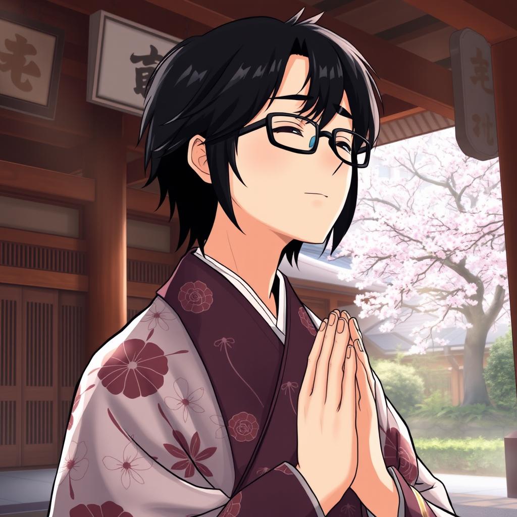 Anime-style illustration featuring a traditional Japanese shrine priest with black hair and glasses, deep in prayer