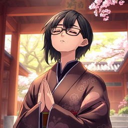 Anime-style illustration featuring a traditional Japanese shrine priest with black hair and glasses, deep in prayer