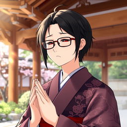 Anime-style illustration featuring a traditional Japanese shrine priest with black hair and glasses, deep in prayer