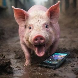 An extremely hostile pig, eyes blazing with fury, savagely biting into a shockingly vivid-colored smartphone, surrounded by a chaotic muddy scene.