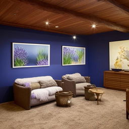 A calming room with warm lighting and blue walls decorated with unique artwork. Plush rugs cover a wooden floor, leading to a comfortable seating area with large chairs and an inviting sofa. A gentle scent of lavender fills the air, promoting relaxation.