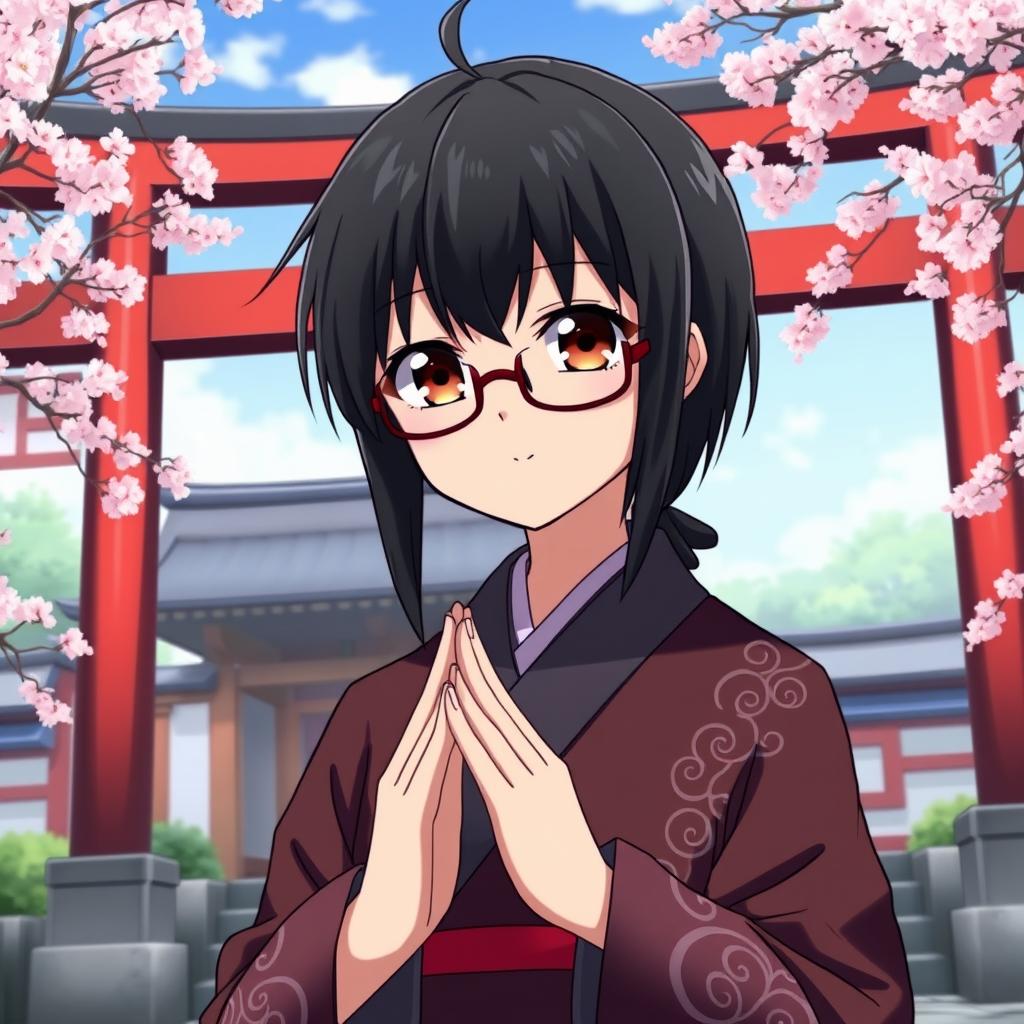 An anime character with glasses, featuring striking dark brown eyes and sleek black hair, dressed as a traditional Japanese shrine priest