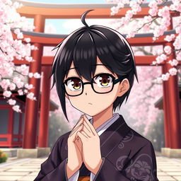 An anime character with glasses, featuring striking dark brown eyes and sleek black hair, dressed as a traditional Japanese shrine priest