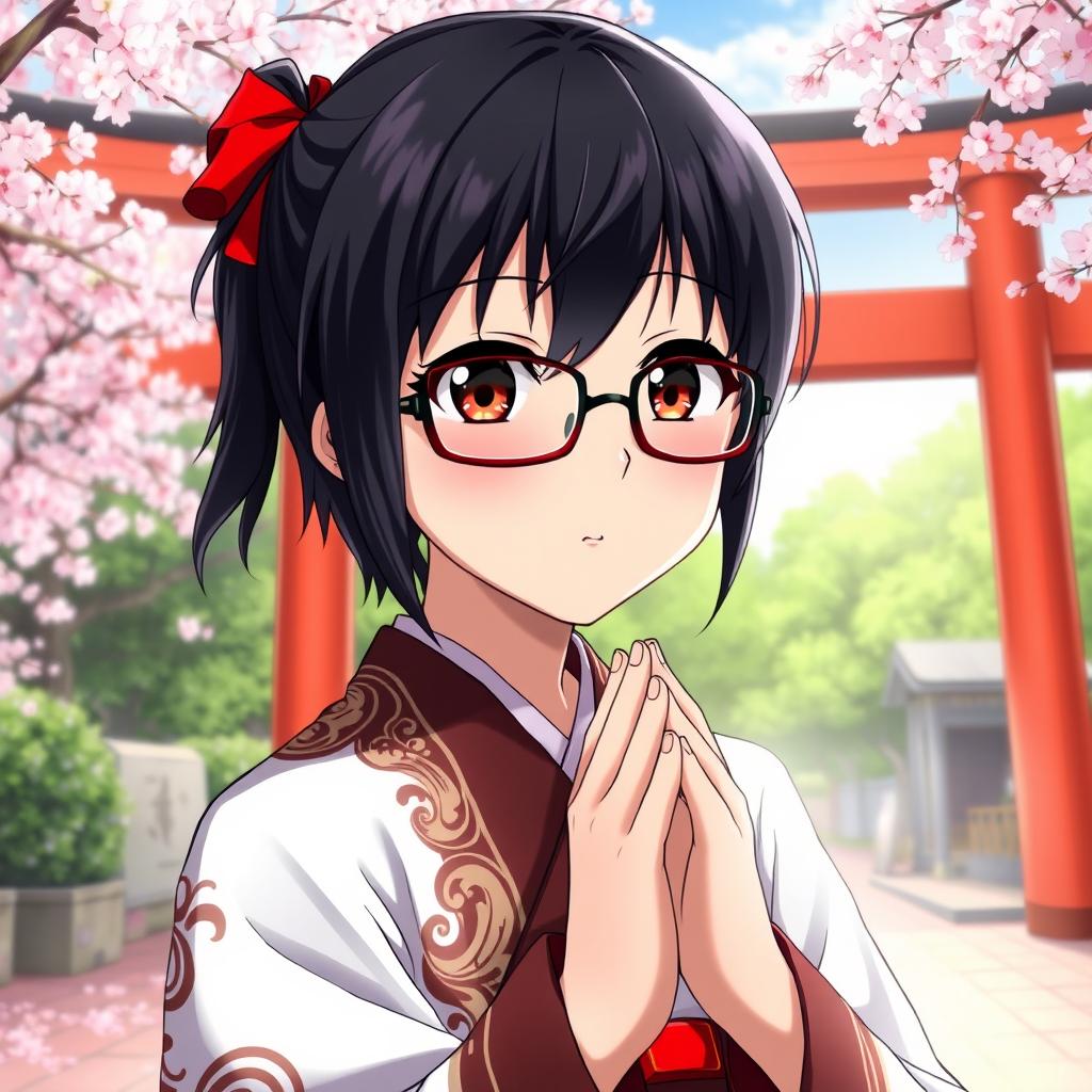 An anime character with glasses, featuring striking dark brown eyes and sleek black hair, dressed as a traditional Japanese shrine priest