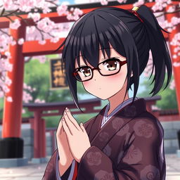 An anime character with glasses, featuring striking dark brown eyes and sleek black hair, dressed as a traditional Japanese shrine priest