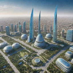 Futuristic view of Uzbekistan in the year 3050, showcasing advanced technology, skyscrapers, green energy, and a harmonious blend of traditional and ultra-modern architecture