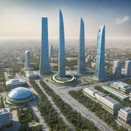 Futuristic view of Uzbekistan in the year 3050, showcasing advanced technology, skyscrapers, green energy, and a harmonious blend of traditional and ultra-modern architecture