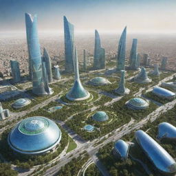 Futuristic view of Uzbekistan in the year 3050, showcasing advanced technology, skyscrapers, green energy, and a harmonious blend of traditional and ultra-modern architecture