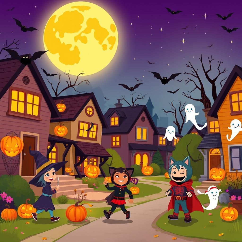An animated Halloween scene in HD flat cartoon style, capturing a vibrant neighborhood alive with festive decorations