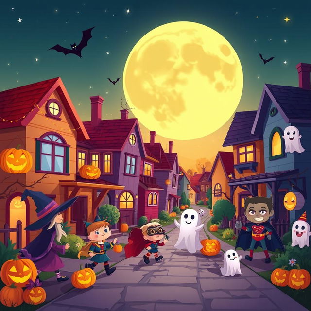 An animated Halloween scene in HD flat cartoon style, capturing a vibrant neighborhood alive with festive decorations