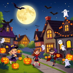 An animated Halloween scene in HD flat cartoon style, capturing a vibrant neighborhood alive with festive decorations