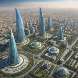 Futuristic view of Uzbekistan in the year 3050, showcasing advanced technology, skyscrapers, green energy, and a harmonious blend of traditional and ultra-modern architecture