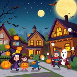 An animated Halloween scene in HD flat cartoon style, capturing a vibrant neighborhood alive with festive decorations