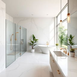 A modern and luxurious bathroom with sleek marble flooring and walls, featuring a spacious glass shower enclosure