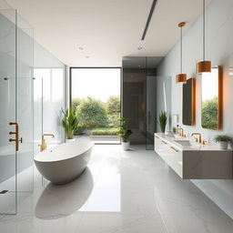 A modern and luxurious bathroom with sleek marble flooring and walls, featuring a spacious glass shower enclosure
