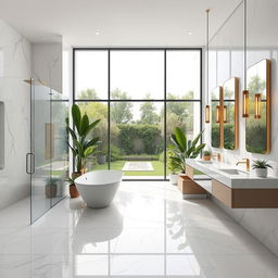 A modern and luxurious bathroom with sleek marble flooring and walls, featuring a spacious glass shower enclosure
