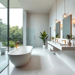 A modern and luxurious bathroom with sleek marble flooring and walls, featuring a spacious glass shower enclosure