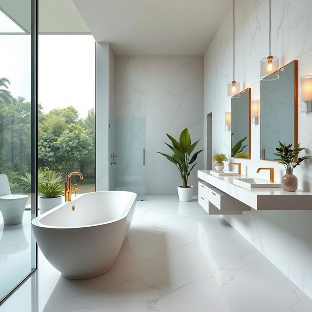 A modern and luxurious bathroom with sleek marble flooring and walls, featuring a spacious glass shower enclosure