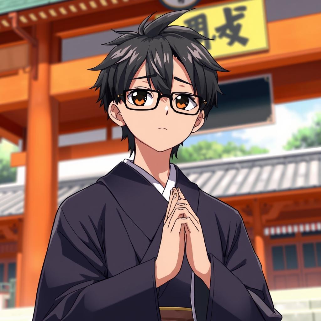 Anime-style young man with glasses and black hair, dark brown eyes, dressed as a traditional Japanese shrine priest