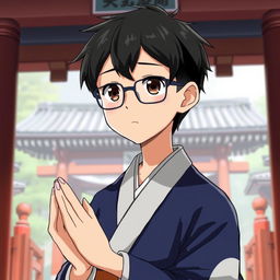 Anime-style young man with glasses and black hair, dark brown eyes, dressed as a traditional Japanese shrine priest