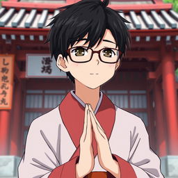 Anime-style young man with glasses and black hair, dark brown eyes, dressed as a traditional Japanese shrine priest