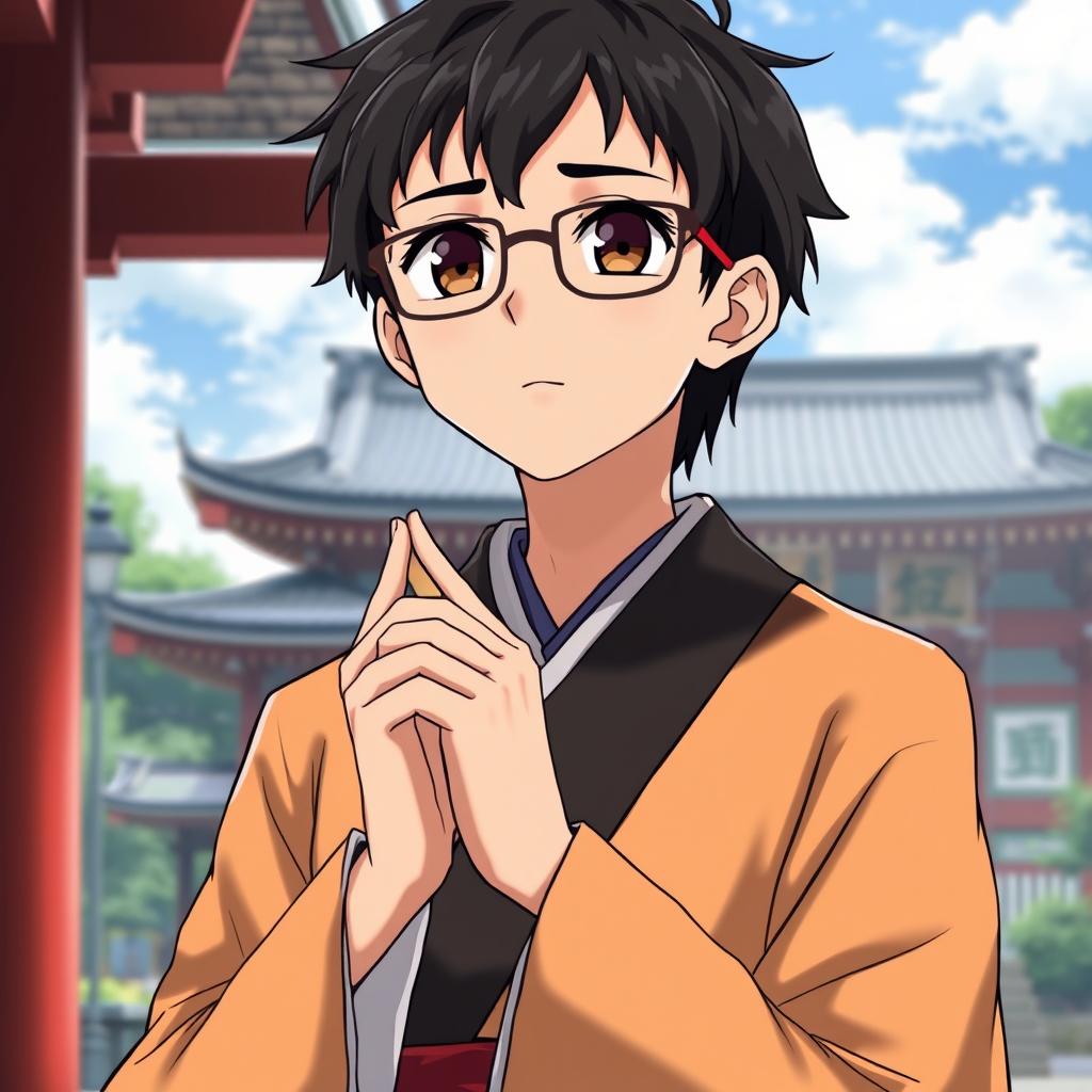 Anime-style young man with glasses and black hair, dark brown eyes, dressed as a traditional Japanese shrine priest