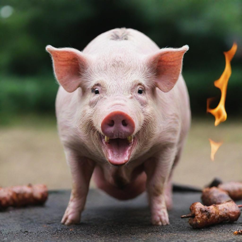 The peak of fury: a pig, so enraged that it's on the verge of spontaneously transforming into a skewer of sizzling, marinated shashlik, still ferociously gnawing on a vibrant smartphone.