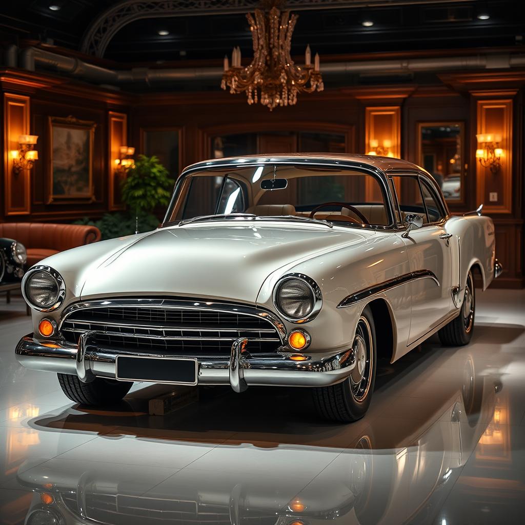 A beautifully facelifted classic car displayed in a prestigious car saloon