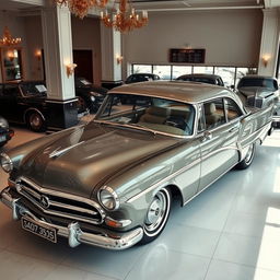 A beautifully facelifted classic car displayed in a prestigious car saloon