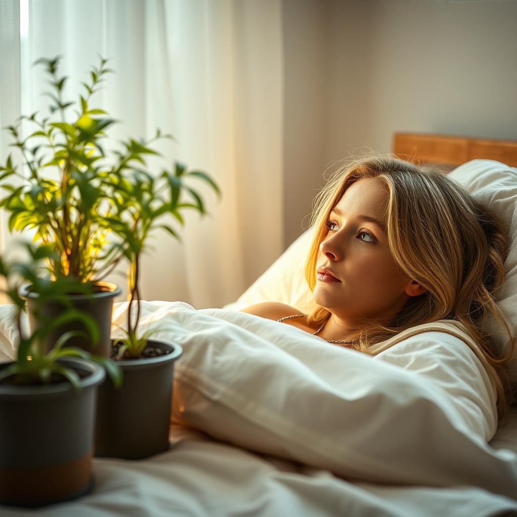 In a bedroom, a young European woman with light long hair is lying on the bed, gazing at a Nephrolepis exaltata Bostoniensis plant growing in several pots at varying heights nearby