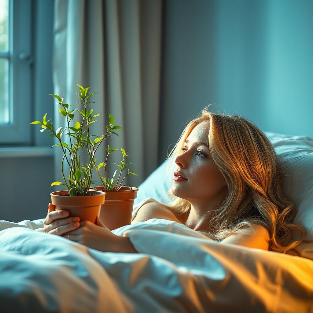 In a bedroom, a young European woman with light long hair is lying on the bed, gazing at a Nephrolepis exaltata Bostoniensis plant growing in several pots at varying heights nearby