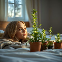 In a bedroom, a young European woman with light long hair is lying on the bed, gazing at a Nephrolepis exaltata Bostoniensis plant growing in several pots at varying heights nearby