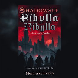 A dark dystopian book cover for the novel titled 'Shadows of Nibylla', featuring the subtitle 'A dark path to freedom' by Moni Archivald