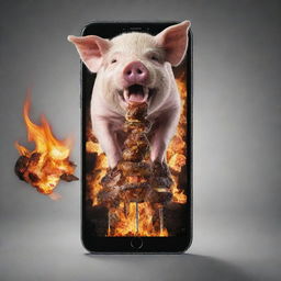 The peak of fury: a pig, so enraged that it's on the verge of spontaneously transforming into a skewer of sizzling, marinated shashlik, still ferociously gnawing on a vibrant smartphone.