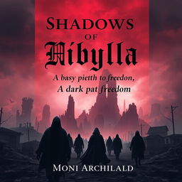 A dark dystopian book cover for the novel titled 'Shadows of Nibylla', featuring the subtitle 'A dark path to freedom' by Moni Archivald