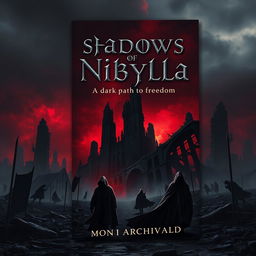 A dark dystopian book cover for the novel titled 'Shadows of Nibylla', featuring the subtitle 'A dark path to freedom' by Moni Archivald