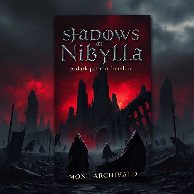 A dark dystopian book cover for the novel titled 'Shadows of Nibylla', featuring the subtitle 'A dark path to freedom' by Moni Archivald