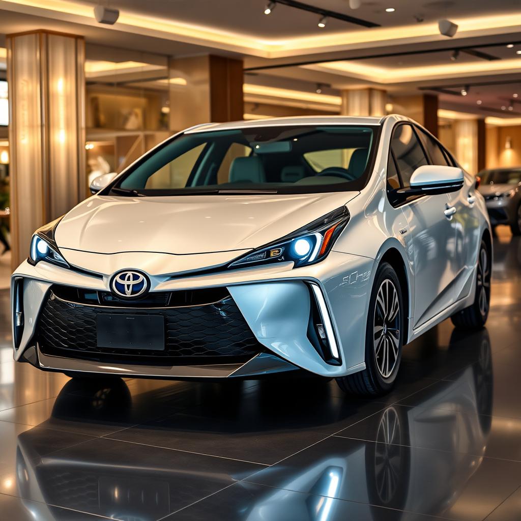 A facelifted Toyota Prius showcased in a sophisticated car saloon, highlighting its innovative and eco-friendly features