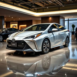 A facelifted Toyota Prius showcased in a sophisticated car saloon, highlighting its innovative and eco-friendly features