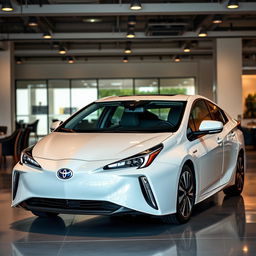 A facelifted Toyota Prius showcased in a sophisticated car saloon, highlighting its innovative and eco-friendly features