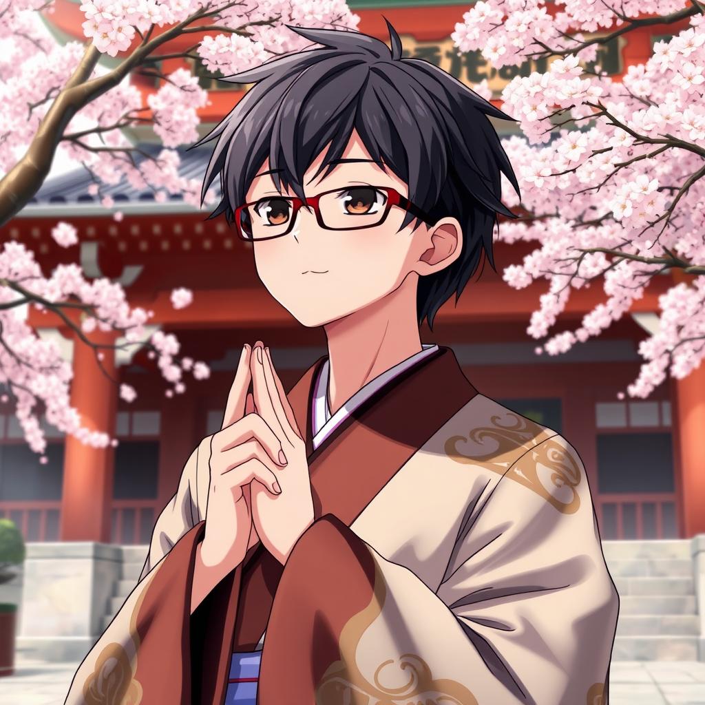 Anime character with glasses, black hair, and dark brown eyes, dressed as a traditional Japanese shrine priest