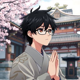 Anime character with glasses, black hair, and dark brown eyes, dressed as a traditional Japanese shrine priest