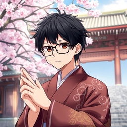 Anime character with glasses, black hair, and dark brown eyes, dressed as a traditional Japanese shrine priest