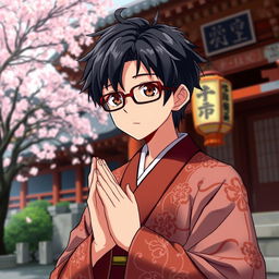 Anime character with glasses, black hair, and dark brown eyes, dressed as a traditional Japanese shrine priest