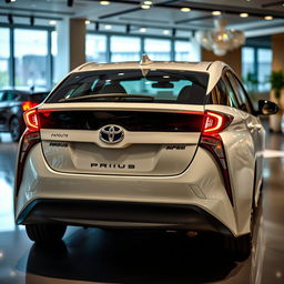 A rear 3/4 view of a facelifted Toyota Prius showcased in a sophisticated car saloon, emphasizing its innovative and eco-friendly features