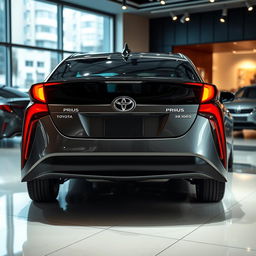 A rear 3/4 view of a facelifted Toyota Prius showcased in a sophisticated car saloon, emphasizing its innovative and eco-friendly features