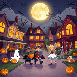 An enchanting Halloween night portrayed in HD flat cartoon style, featuring a delightful neighborhood pulsing with festive energy