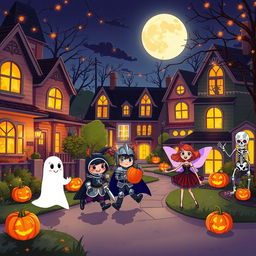 An enchanting Halloween night portrayed in HD flat cartoon style, featuring a delightful neighborhood pulsing with festive energy