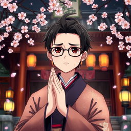 Anime-style illustration of a traditional Japanese shrine priest with glasses, a mole, dark brown eyes, and black hair, captured in a serene moment of prayer