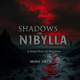 A dark dystopian book cover design for a novel titled "Shadows of Nibylla" with the subtitle "A Dark Path to Freedom" written by Moni Arch